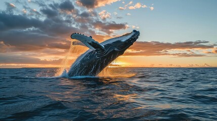 Whale jump in a ocean at sunset, Humpback whale