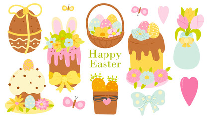 Cute Easter set. Spring collection of cakes, flowers and Easter eggs. For poster, card, scrapbooking , stickers