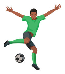 Black boy playing football in green T-shirt who jumps up preparing to kick the ball with his foot