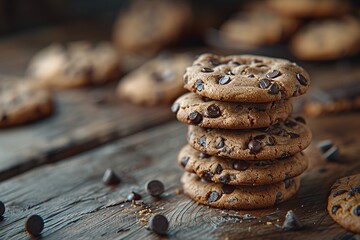 A detailed, close-up image of freshly baked chocolate chip cookies stacked on a wooden surface,...