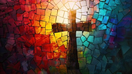 Stained Glass Mosaic Cross at Sunrise, Warm sunrise light filtering through a stained glass mosaic depicting a Christian cross.