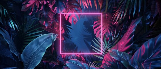 Neon Light Frame in a Lush Jungle Setting, A mesmerizing scene with a neon light frame set against the backdrop of a dense, lush jungle with vividly colored leaves.