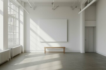 Minimalist room with a big blank white painting on the wall.