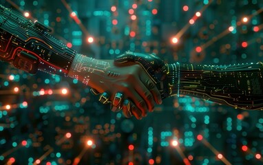 Futuristic Robotic Handshake Against a Cityscape, Two robotic hands engage in a handshake, illuminated by neon lights with a blurred city background suggesting a futuristic setting.