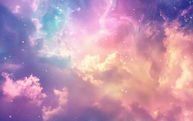Dreamy Cosmic Clouds in Pink and Blue Hues, An ethereal skyscape filled with cosmic clouds and twinkling stars, bathed in a surreal blend of pink and blue hues, evoking a celestial dream.