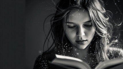 portrait of a woman. Speed Reading Concept with Light Streaks and Books

