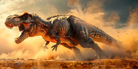 An enraged Tyrannosaurus Rex unleashes a thunderous roar on prehistoric plains. Concept Dinosaurs, Tyrannosaurus Rex, Roaring, Prehistoric Plains, Nature