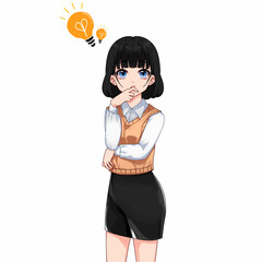 Young woman is thinking about something and an idea light bulb appears, vector illustration