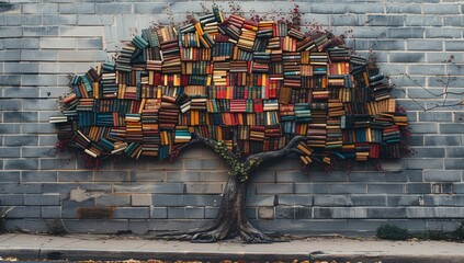 A vibrantly colored tree made from various books set against a weathered grey brick wall, symbolizing diverse knowledge