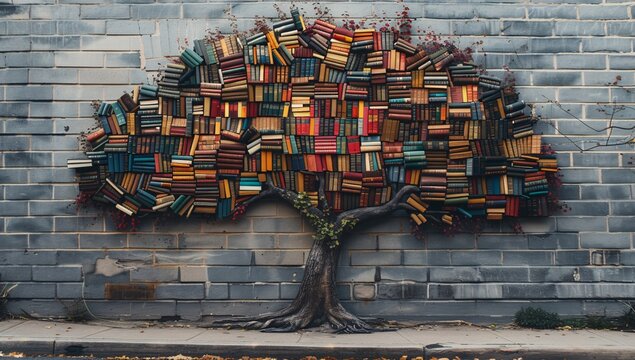 A vibrantly colored tree made from various books set against a weathered grey brick wall, symbolizing diverse knowledge