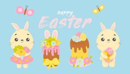 Cute Easter card set. Spring collection of bunnies, colorful Easter eggs and decorations. For poster, card, scrapbooking , stickers