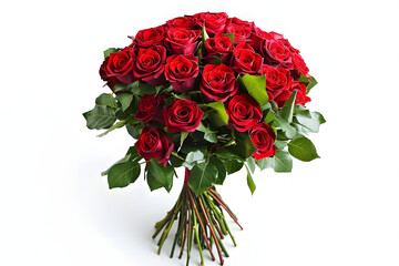 a bouquet of full of red roses and leaves, isolated on white