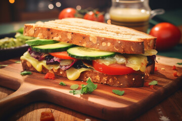 Vegetable sandwich on whole grain bread on a wooden board to healthy eating and vegetarian cuisine. - Powered by Adobe