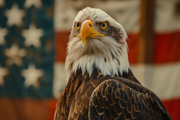 Naklejka premium Bald Eagle in front of an american flag 