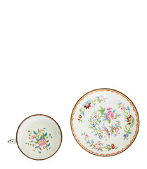 antique vintage colorful floral tea cup and saucer, png file with transparent background, graphic resource with room for copy, pink pastels