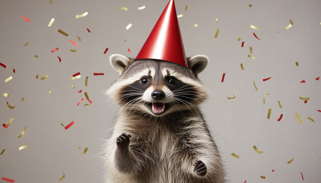 Happy cute animal friendly raccoon wearing a party hat celebrating at a fancy newyear or birthday party festive celebration greeting with bokeh light and paper shoot confetti surround happy lifestyle