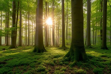 Lush green forest with the sun beautifully shining through the beech trees - obrazy, fototapety, plakaty