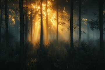 Magical light in misty forest, with the rays of gold sunlight illuminating the fog and vegetation, and the tree trunks silhouettes creating depth