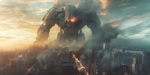 Angry giant robot looms over cityscape with menacing aura and power. Concept Giant Robot, Cityscape, Menacing Aura, Power, Angry