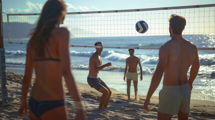 Beach Sports Session A group of friends playing beach volleyball by the sea waves, smiling and...