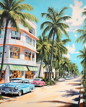 Miami beach Florida Southeastern Coast Acrylic Painting Illustration Artwork - Watercolor Travel Coastal Print - Tourism Ocean Coastline Seascape Palm trees Oil Painting Portrait Destination Wall Art