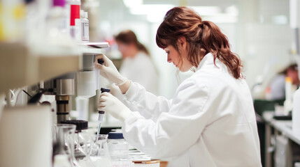 Scientist in a lab coat conducting an experiment, using a pipette to transfer liquid to a test tube, in a well-equipped laboratory with colleagues working in the background.