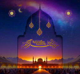 Ramadan Kareem in a starry night sky with lantern and Islamic ornament pattern. Suitable for greeting card, wallpaper, and more.