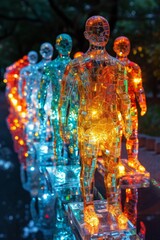 A group of colorful people made of glass in a queue on a black background