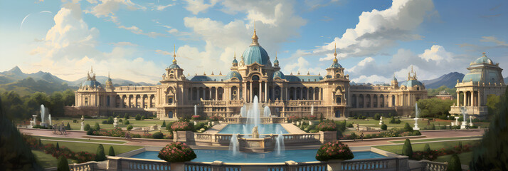 Grandeur of Czardom: A Majestic Palace amidst Expansive Gardens Depicting Royalty and Power.