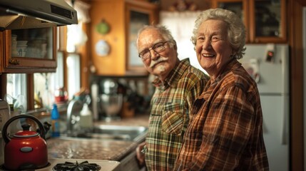 Senior couple in their kitchen, with one partner labeling cabinets and appliances, demonstrating coping mechanisms for memory loss