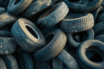 Large stack of old tires in a tire recycling facility environmental concept with waste rubber products