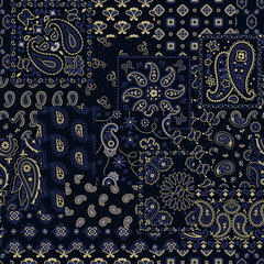 Obrazy na Szkle  Blue bandana kerchief paisley fabric patchwork abstract vector seamless pattern for scarf kerchief shirt fabric carpet rug tablecloth pillow