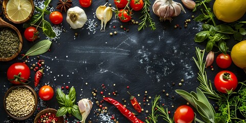 a black slate-like background ingredients such as red tomatoes, green herbs, yellow lemons, garlic, and various grains