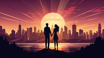 City Silhouettes: A captivating illustration featuring people, couples, and families in various urban scenes under the moonlit night sky, blending love, business, and the essence of city life in a vec