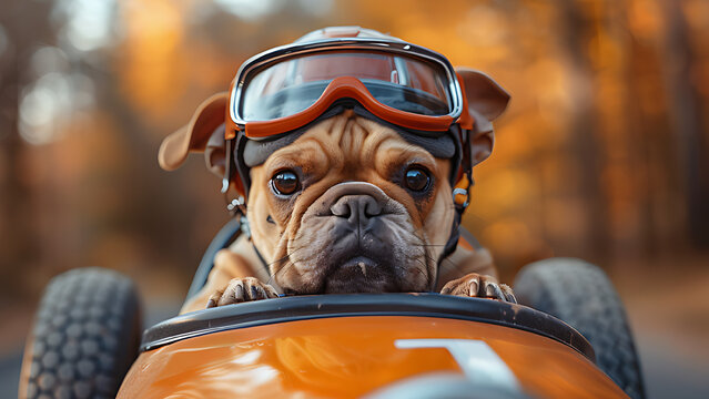 Bulldog wearing a racing helmet with racing goggles driving a vintage orange pedal car.