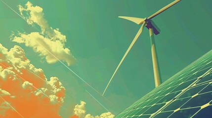 Nostalgic Eco-Friendly Poster: Vintage 90s Design Featuring Wind Turbine and Solar Panel, with...