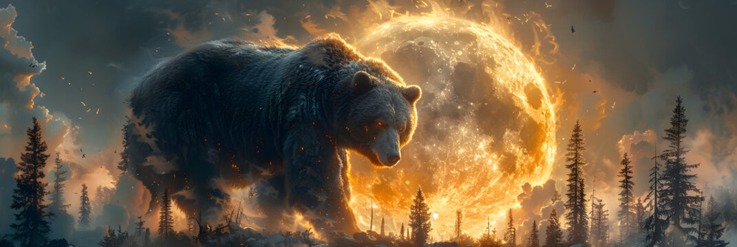 Portrait of polar bear with fire background image,
Fantasy illustration of gigantic monster bear 
