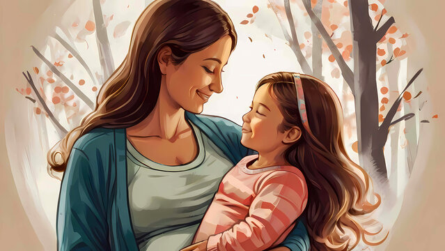 Illustration of mother holding and embracing little daughter, surrounded by nature, trees in pastel colours. Greeting card perfect for Mother's Day, spring concept. Charming picture of happy family