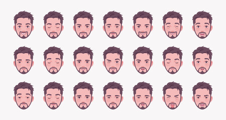 Young beard man, handsome male emotion set, businessman appearance bundle portrait. Different cute nice face icons, positive, negative facial expression feature pic. Vector illustration circles
