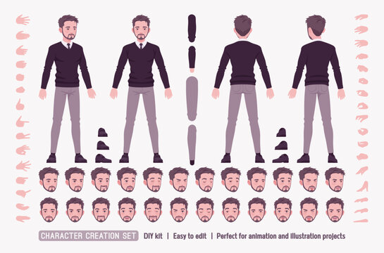 Young man, handsome businessman in smart office outfit DIY character creation set. Male slim body figure parts. Head, leg, hand gestures, different emotions, construction kit. Vector illustration