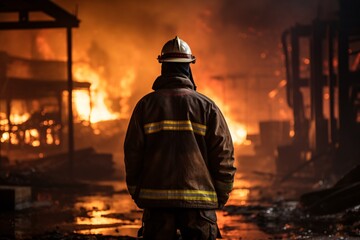 a firefighter standing in front of a fire - obrazy, fototapety, plakaty