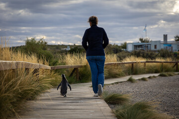 pessoa caminhando passificamente ao lado de um pimguim em uma plataforma de madeira
