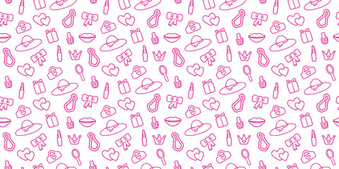 seamless, pink pattern. Pattern with contour details for a girl. Shoes, lipstick, earrings, glasses, jewelry, heart. Print on textiles, paper, banner. art vector illustration. barbie  style