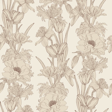 Seamless pattern with image Anemones, tulips, daffodils flowers. The Japanese anemone flowers and stem seamless pattern. 
