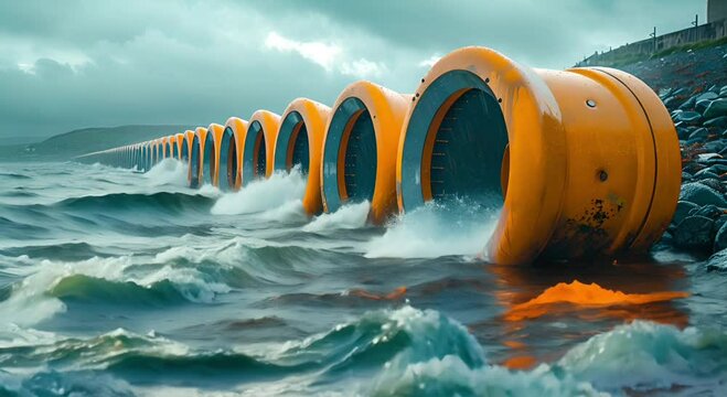 Tidal energy turbines installed along coastlines, capturing the ebb and flow of ocean tides to generate power 