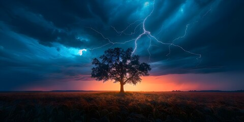 The Force of Nature: Lightning Strikes a Resilient Tree in the Storm. Concept Nature, Thunderstorm, Lightning, Power of Nature, Resilience