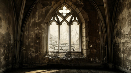 grunge interior with gothic window. Generative Ai