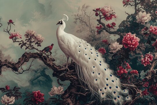painting a white peacock standing on a tree and flowers. 