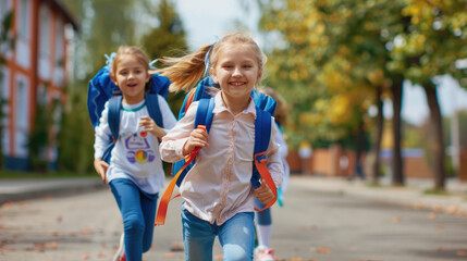 Small schoolgirls with satchel running to school smiling, back to school concept