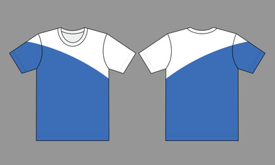 Blue-white-short-sleeves t-shirt design on a gray background. Front and back views, vector file.